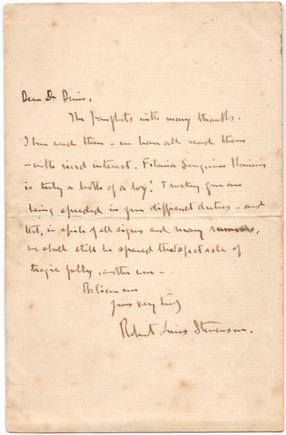 STEVENSON Robert Louis - Autograph Letter Signed while in Vailima to a doctor and member of the London Missionary Society