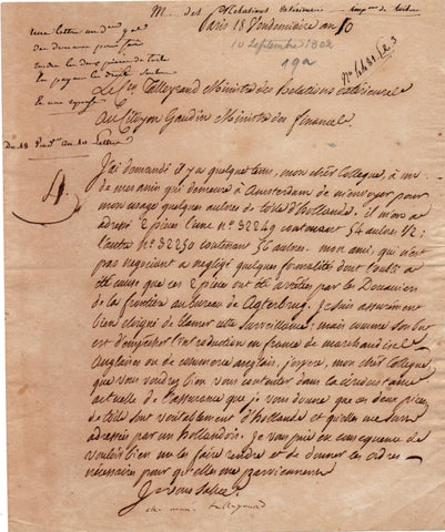 TALLEYRAND Charles Maurice - Letter Signed 1801 requesting help with a parcel held at Customs
