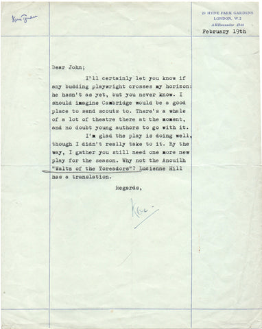TYNAN Kenneth - Typed Letter Signed regarding new playwrights