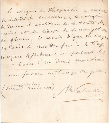 WALEWSKI Alexandre - Autograph Sentiment Signed by Napoleon's son at the end of the Crimean War 1856