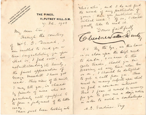 WATTS-DUNTON Theodore - Autograph Letter Signed 1908 regarding an article on George Meredith