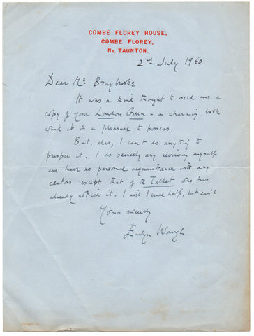 WAUGH Evelyn - Autograph Letter Signed 1960 regretting he cannot review a book