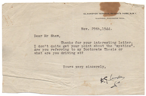 WELLS Herbert George - Typed Letter Signed 1944 to Mr. Shaw