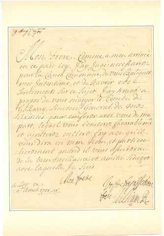 WILLIAM III - Letter Signed to the Elector of Cologne, 1701
