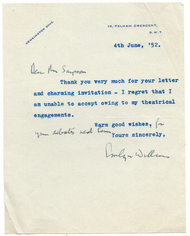 WILLIAMS Emlyn - Typed Letter Signed 1952